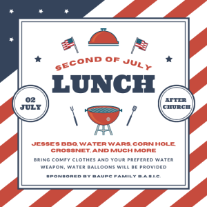 promotional graphic for a church lunch and game event happening after the July 2nd service
